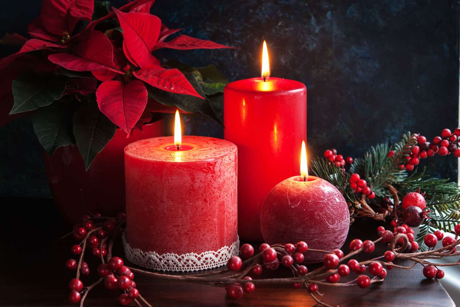 Bright red candles and a beautiful Poinsettia on the side