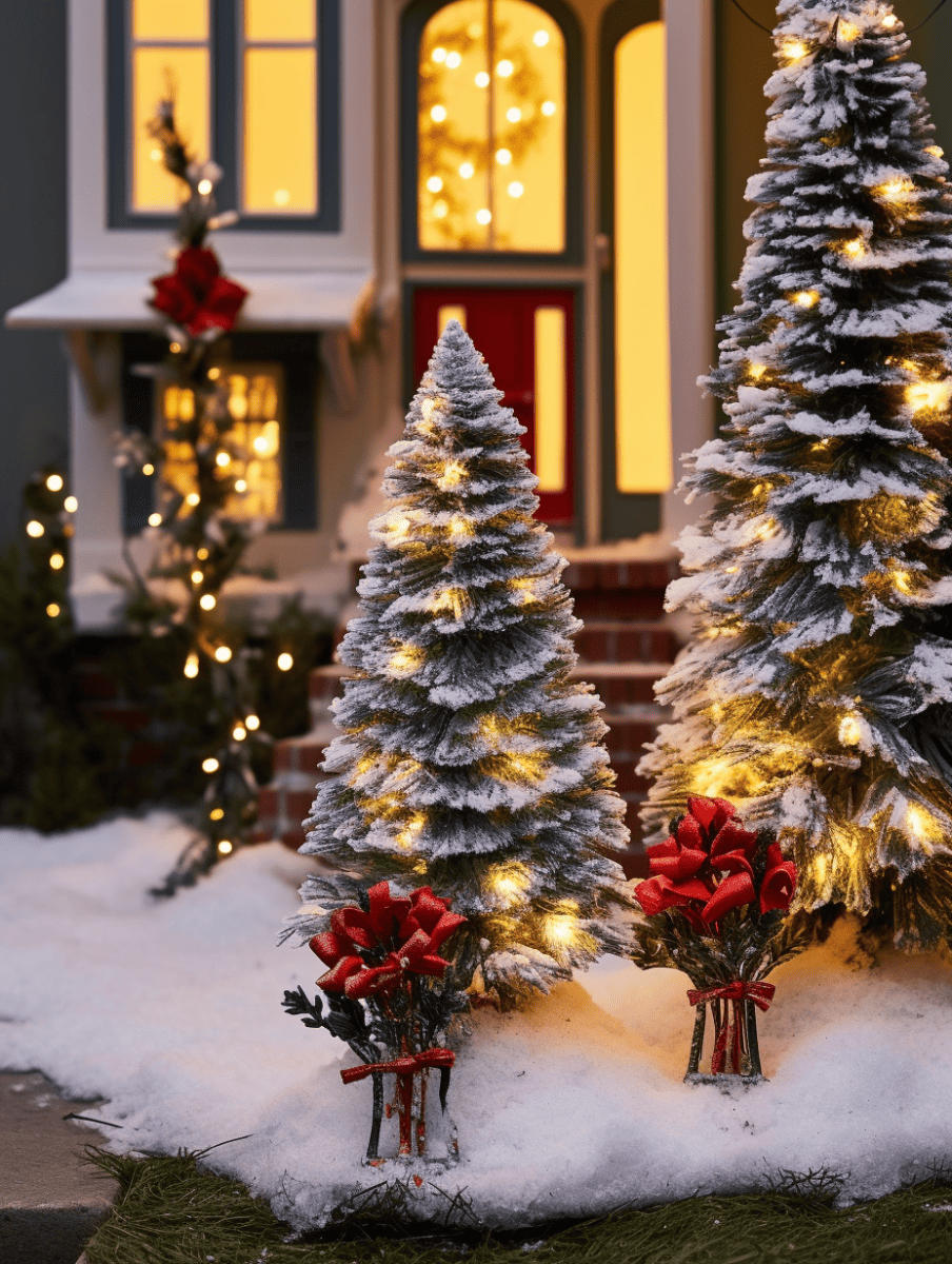 A festive holiday entrance with snow-dusted artificial miniature Christmas trees illuminated by warm white lights, flanked by small bundles of red bows and greenery, set against a cozy home adorned with wreaths and string lights, creating an enchanting evening atmosphere