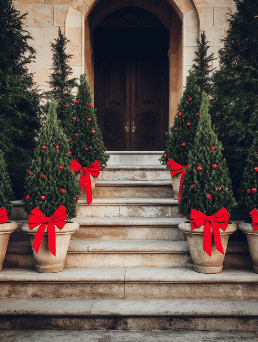 A symmetrical entrance with four potted Alberta Spruce trees, each neatly trimmed and decorated with bright red baubles and large red bows, framing a grand doorway with stone steps, conveying a classic and inviting holiday ambiance