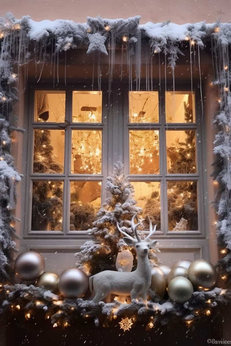 Stunningly decorated window with lots of bells and lights