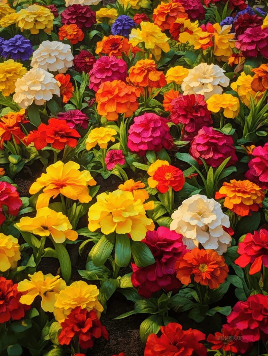 A richly colored flower bed filled with double-flowered marigolds in shades of yellow, orange, white, and deep red, interspersed with bright green foliage ar 3:4