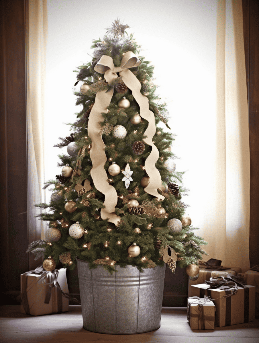 A festively decorated Douglas Fir Christmas tree with a cream-colored ribbon garland, golden and white baubles, pinecones, and a sparkly topper, housed in a galvanized metal bucket, flanked by wrapped gifts, bathed in the warm glow of a nearby window