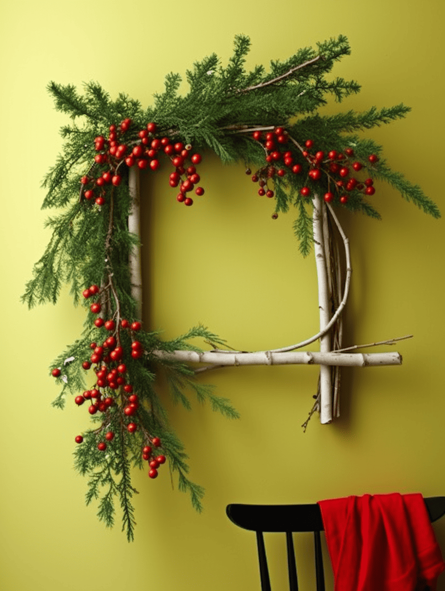 Against a soft yellow wall, a rustic ladder made of birch branches is adorned asymmetrically with lush green pine needles and dotted with clusters of bright winter berries, creating a simple yet festive wall decoration