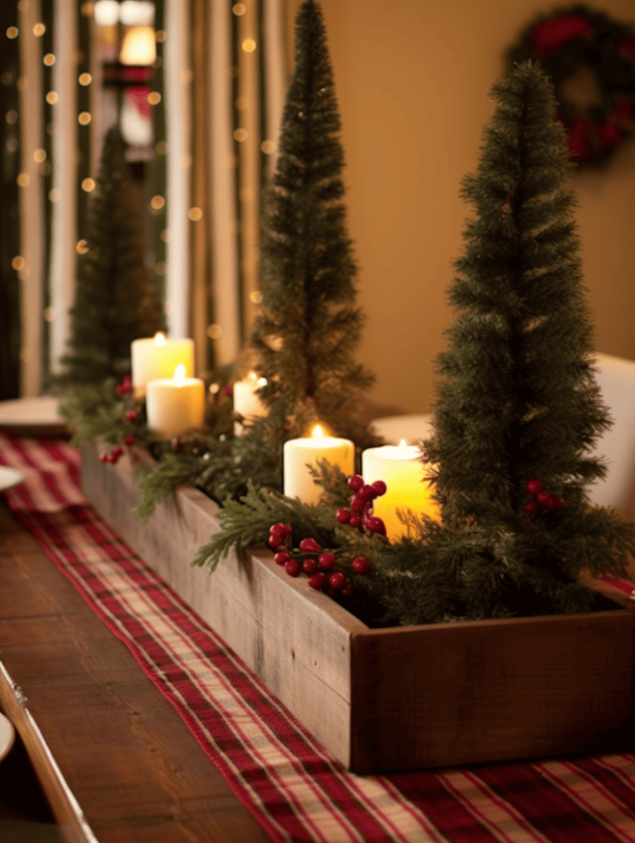 Inside a warm, softly lit interior, a long, rustic wooden box centerpiece rests on a striped table runner, filled with verdant miniature evergreen trees, sprigs of winter berries, and glowing pillar candles, creating a cozy and inviting holiday atmosphere