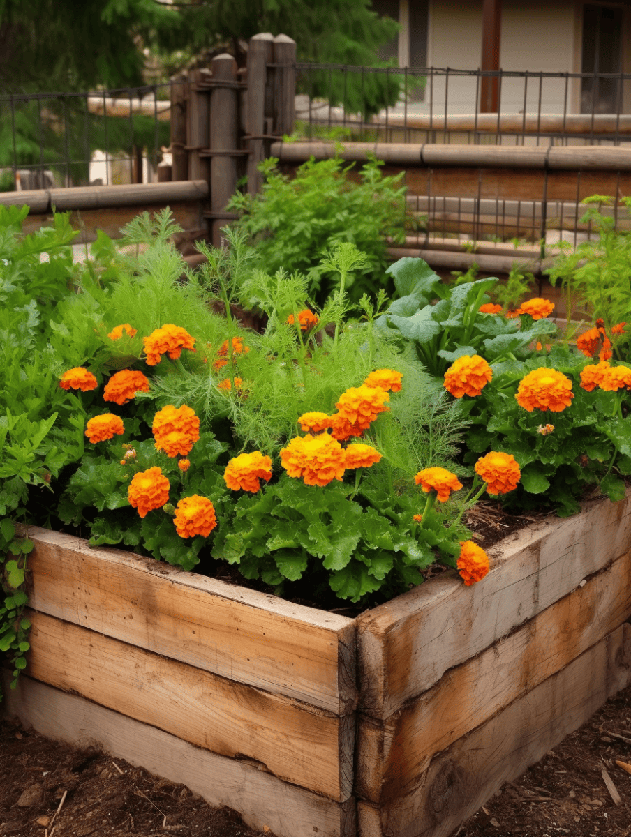 A rustic wooden planter box filled with an assortment of garden greenery and bright orange marigolds; there are no petunias visible in this particular arrangement ar 3:4