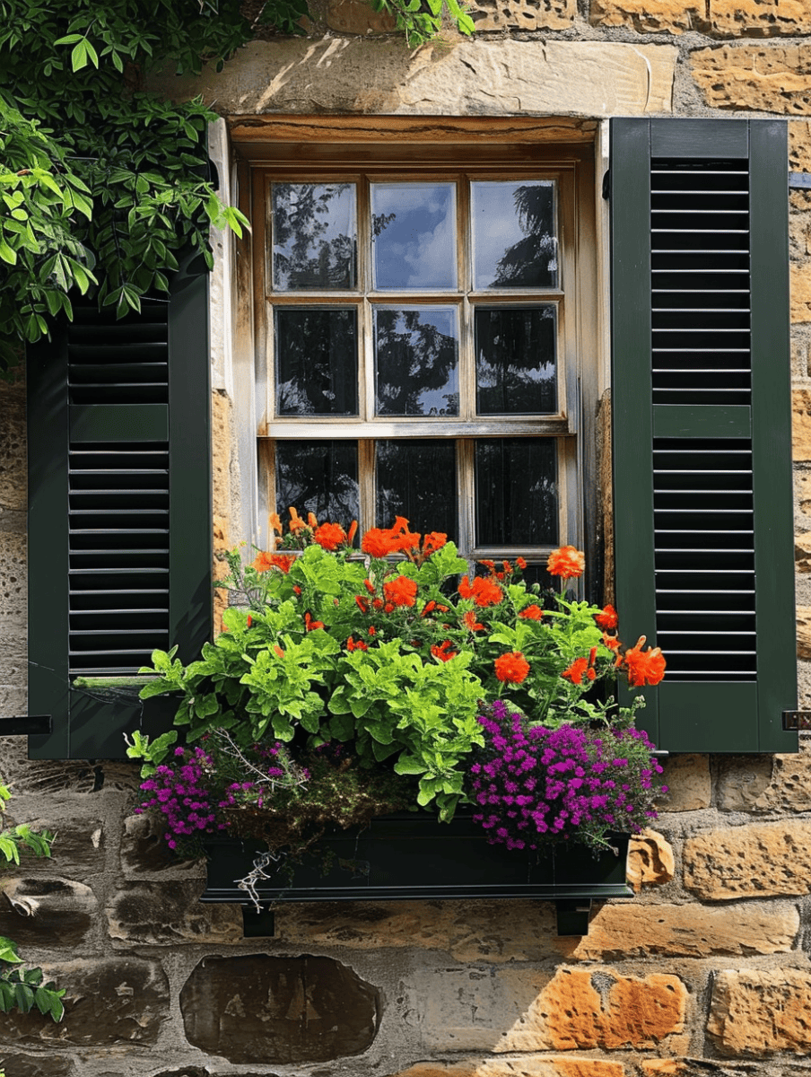 Set in a quaint stone wall, a window with dark green shutters and a reflective pane is adorned by a window box teeming with bright orange and purple flowers nestled among verdant green leaves, complemented by the natural textures around it ar 3:4