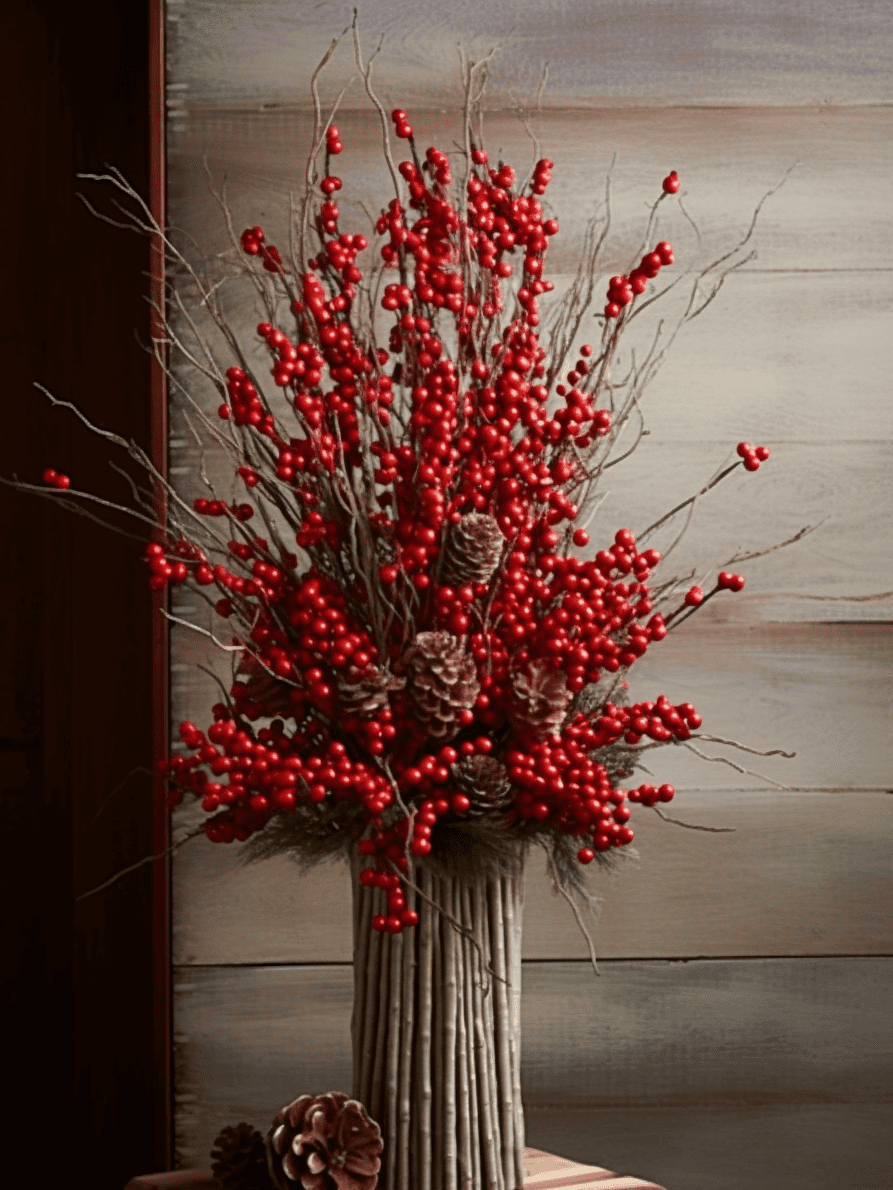 A tall, slender arrangement features a burst of slender branches laden with bright winter berries, emerging from a rustic vase adorned with a ring of pinecones at the neck and encircled by a bundle of small twigs, creating a striking contrast against a soft-toned wooden background