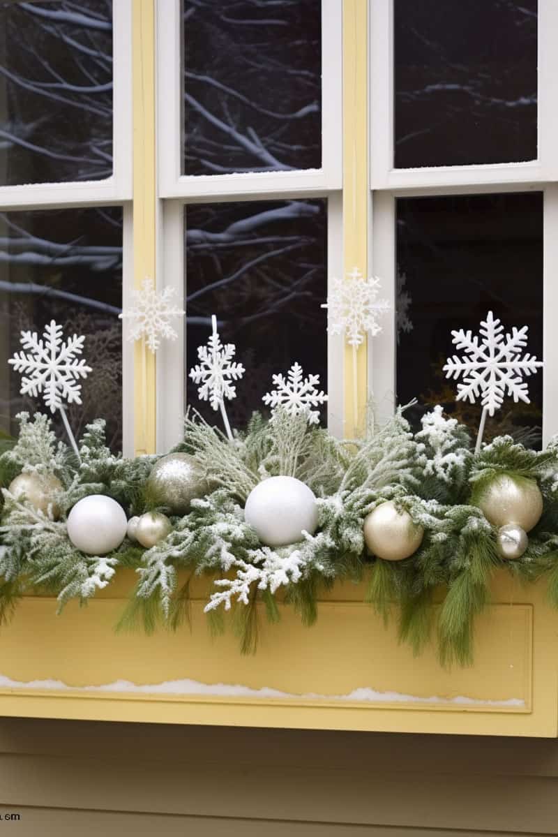 Bright snowflakes used as props for the window planter box