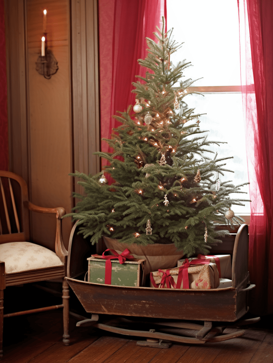 A charmingly rustic scene with a small, Balsam Fir adorned with twinkling lights and delicate ornaments, placed in an antique wooden sleigh filled with wrapped gifts, beside an elegant armchair, all set against the warm backdrop of a room with rich red drapes and a lit wall sconce