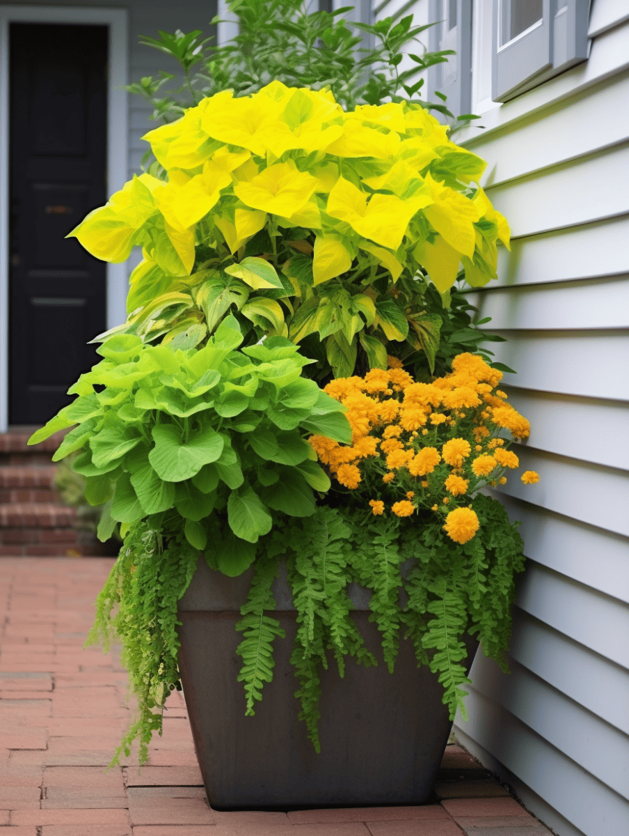 A stacked potted arrangement featuring bright yellow-green leaves at the top, lush green foliage in the middle, and a burst of small orange marigold flowers at the bottom, set on a brick path next to a house with a dark door and light siding ar 3:4