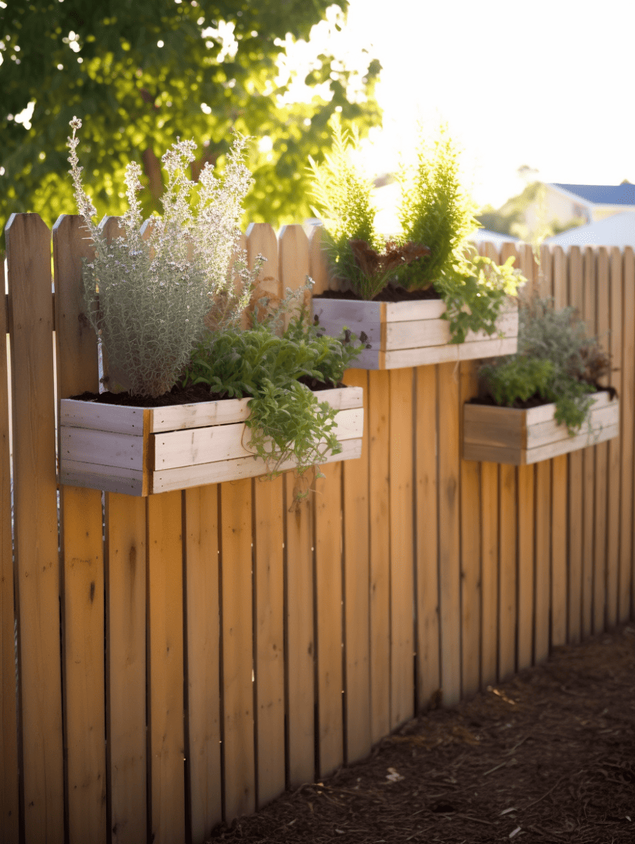 Staggered wooden fence planters showcase a variety of lush herbs, casting dappled sunlight across the pale wood of a suburban fence ar 3:4