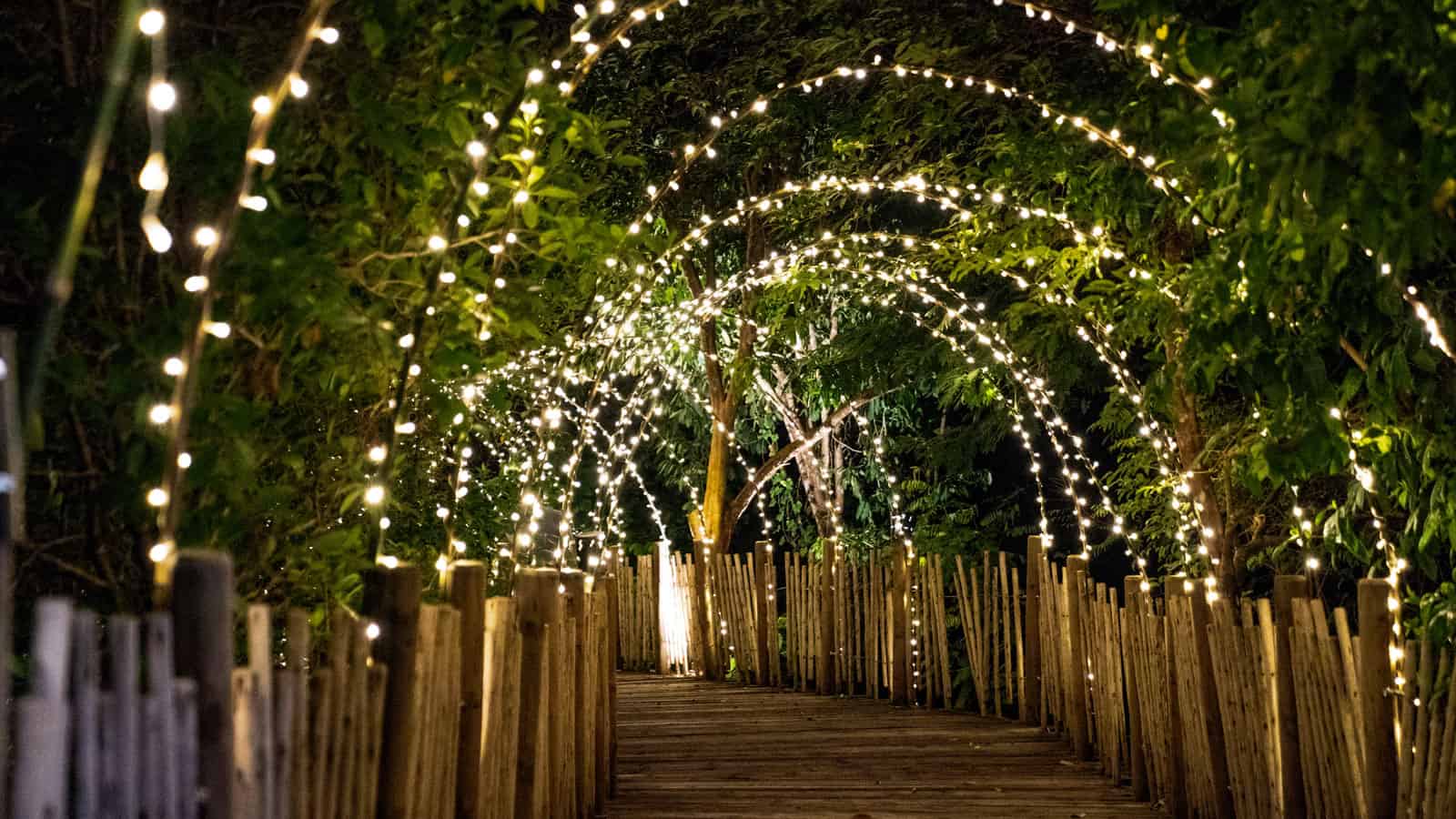 Arched garden lights decorated on a pathway