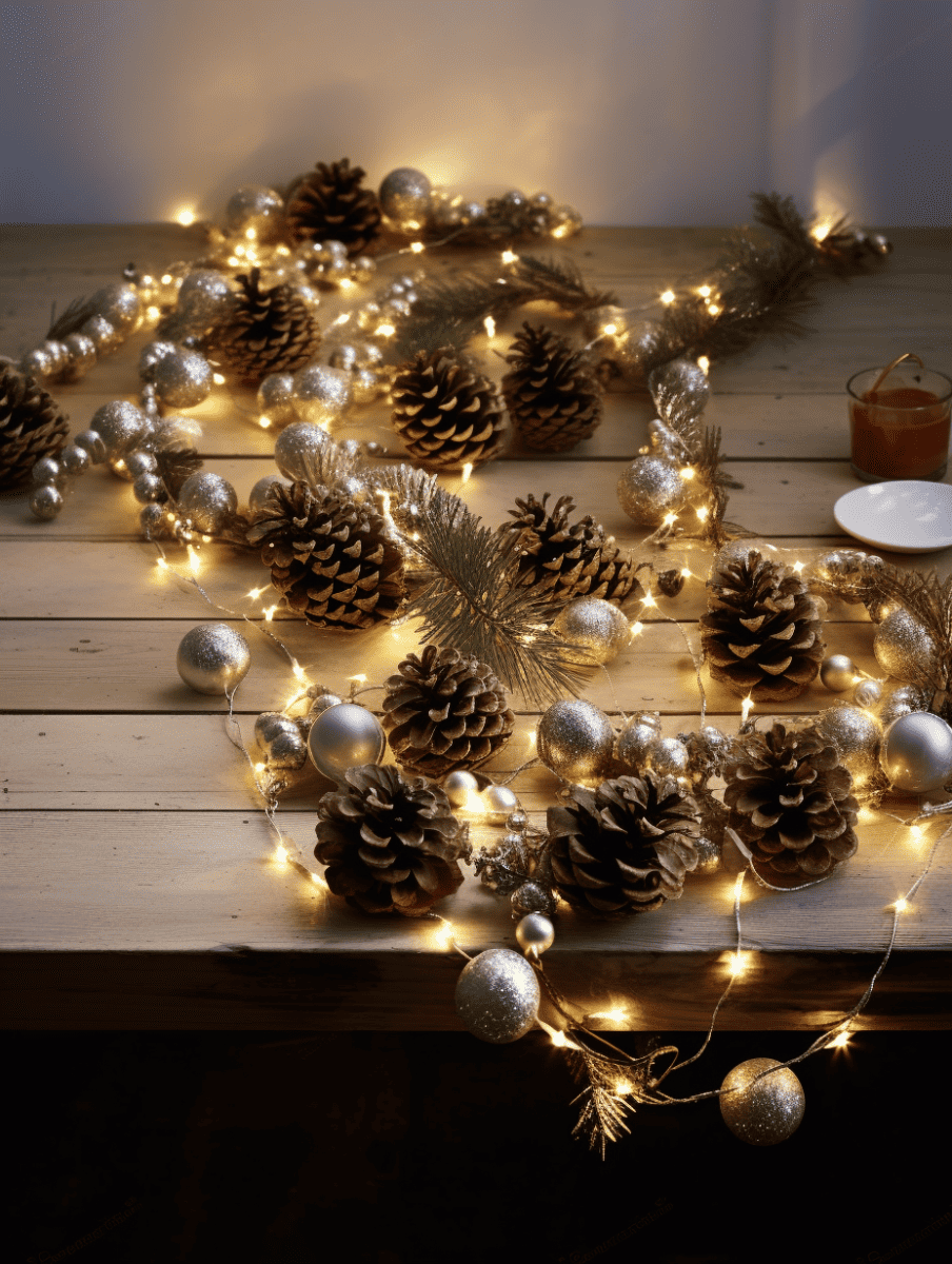 Tabletop with pinecones, golden baubles, and twinkling fairy lights.
