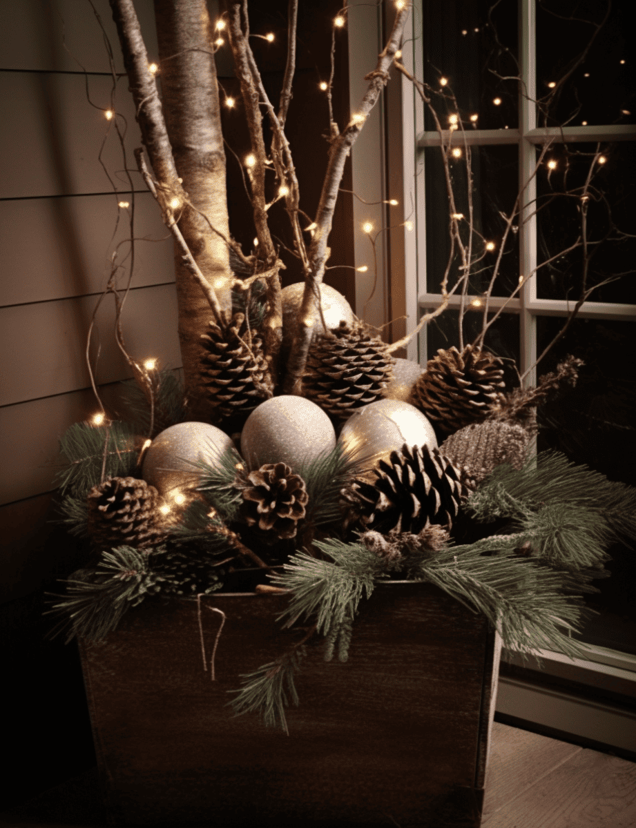 Festive box with birch branches, baubles, pinecones, and fairy lights by a window
