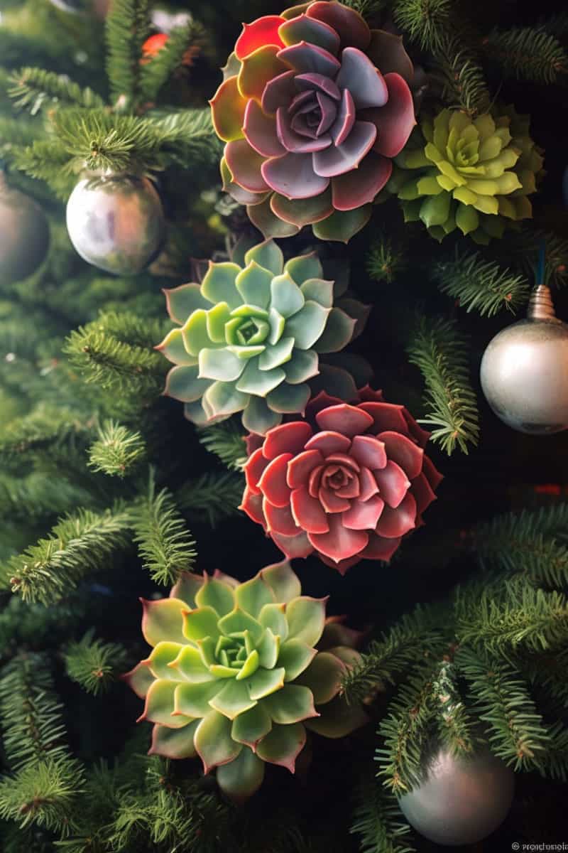 Different varieties of succulents decorated as Christmas decors for a Christmas tree