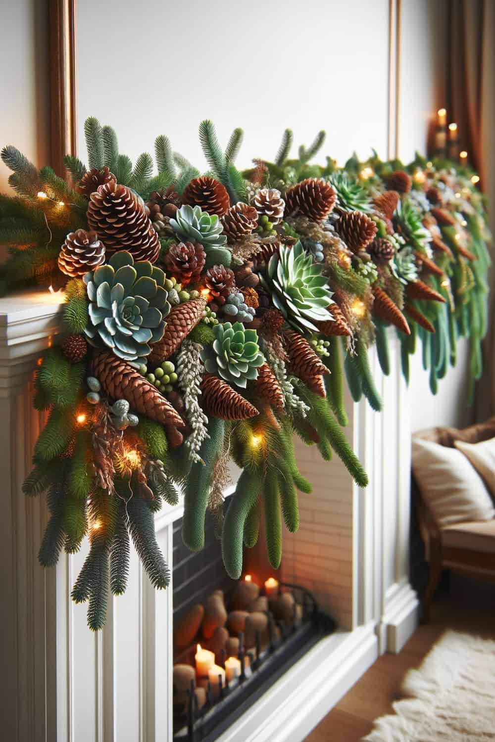 A white fireplace decorated with Christmas decors mixed with succulents
