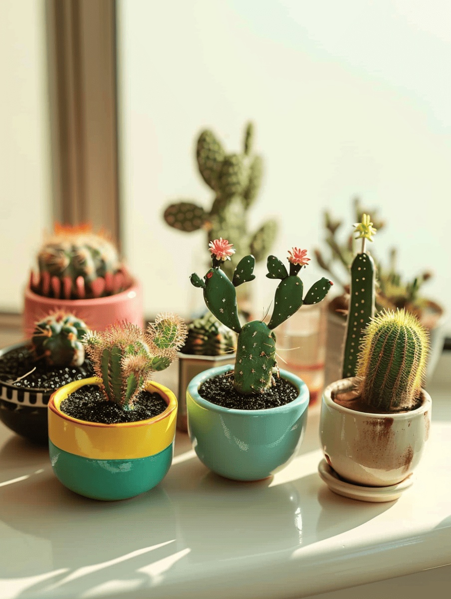 Sunlit miniature pots in vibrant yellows, blues, and earth tones cradle a selection of flowering cacti, each adding a unique touch of desert flora to the indoor setting ar 3:4