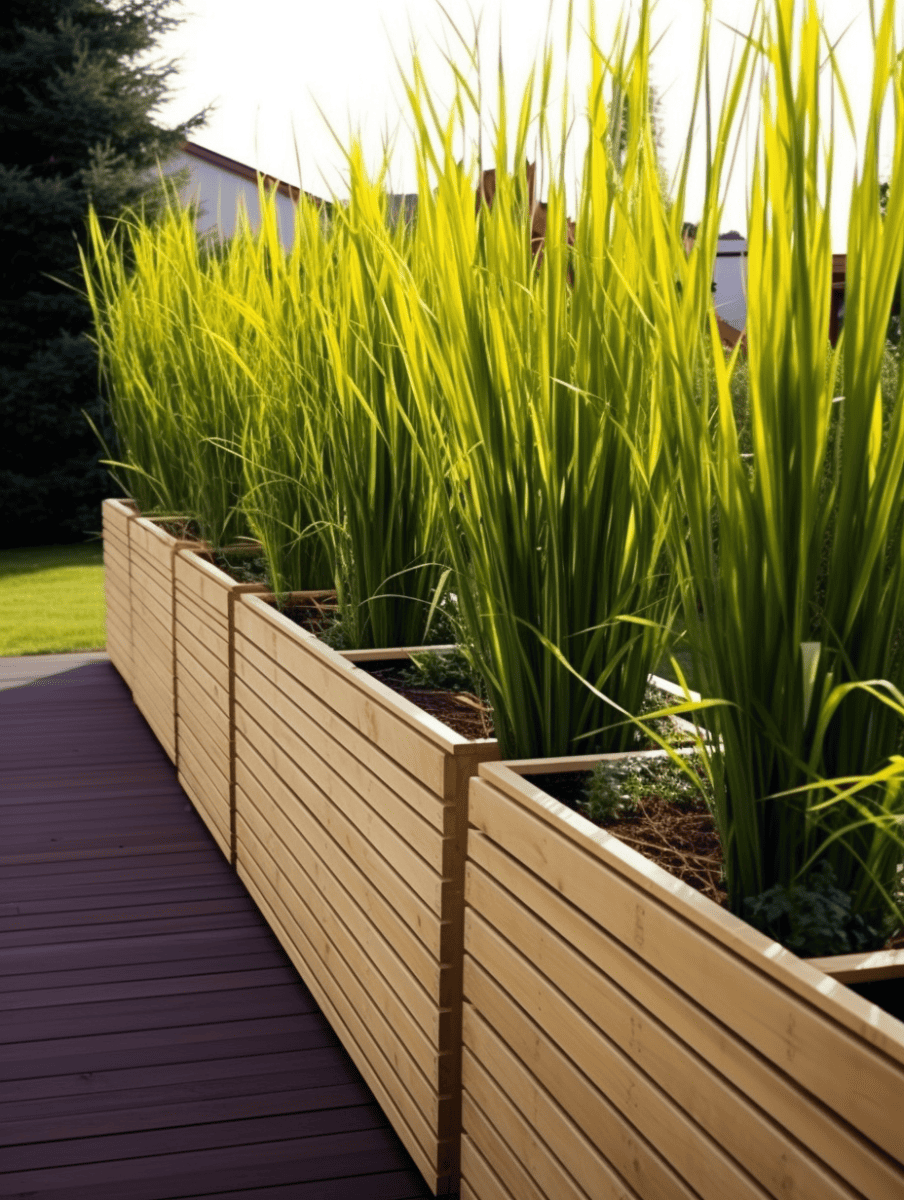 Sunlit, vibrant green blades of grass erupt from a series of long, narrow wooden slat planters aligning a dark-toned deck, offering a structured yet natural decorative element ar 3:4