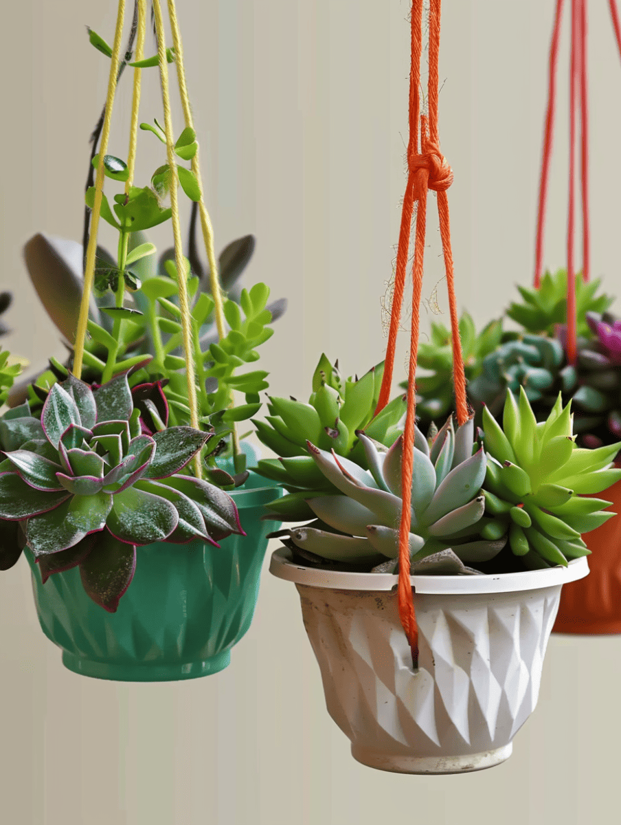 Suspended by colorful macramé ropes, two textured planters—one jade green and one white—each cradle a lush arrangement of succulents, adding a vibrant touch of greenery to the space ar 3:4