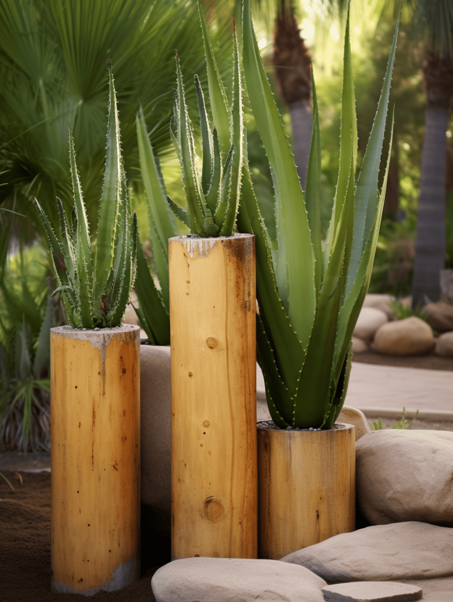 Tall aloe plants with slender, spiked leaves rise from cylindrical bamboo planters amidst a serene desert garden with palm fronds and smooth stones in the background ar 3:4