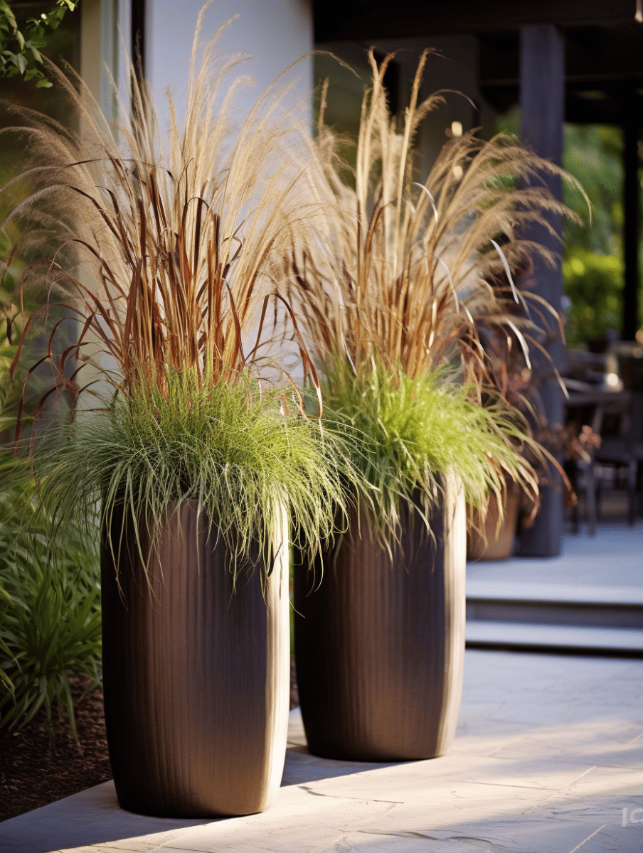 Tall fountain grass with wispy cream plumes and slender burgundy stems stands elegantly in sleek, dark planters, contributing a soft, natural texture to a modern outdoor setting bathed in warm, ambient light ar 3:4