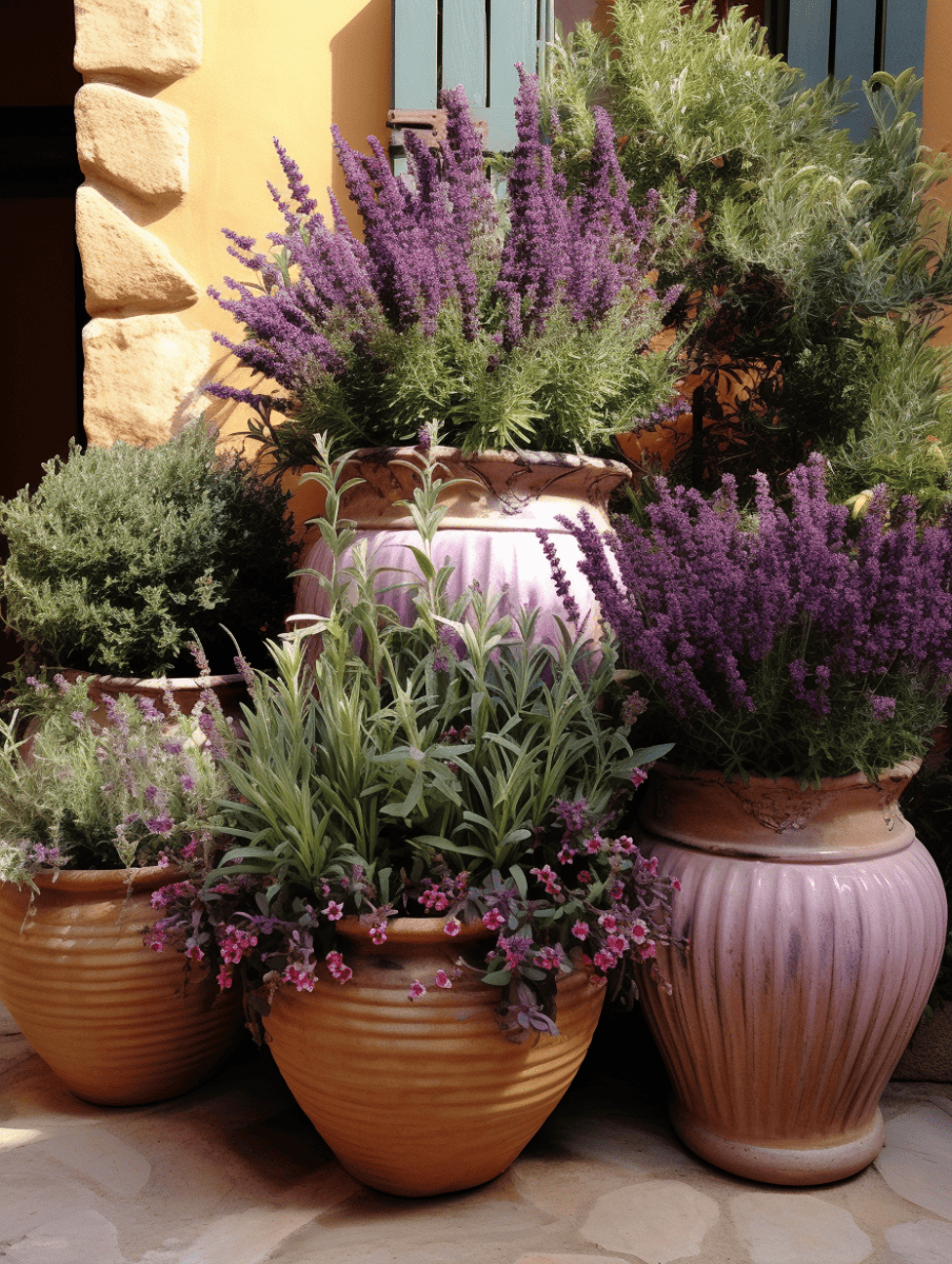 Tall stalks of fragrant lavender with delicate purple blossoms are the focal point in this terracotta potted arrangement, which also features complementary greenery, set against a warmly lit yellow stucco wall with a window accented by teal shutters ar 3:4