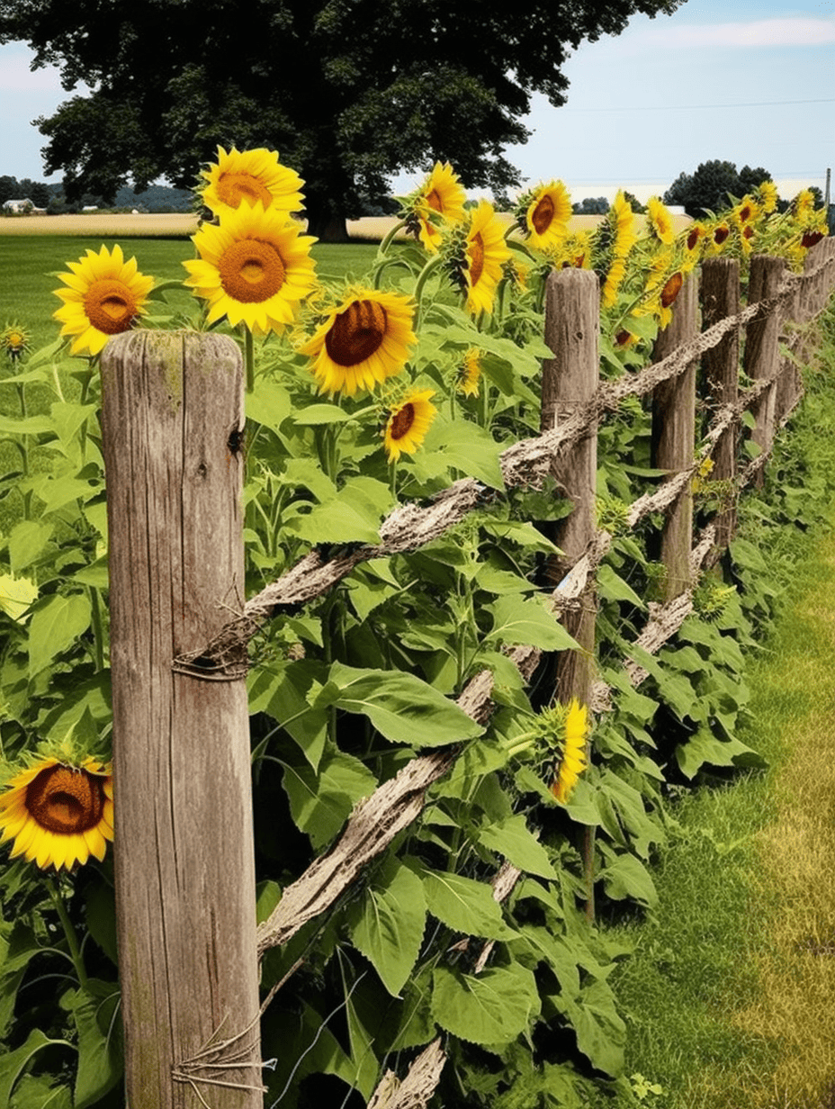 Tall sunflowers line a rustic wooden fence, their bright yellow faces adding a splash of color to the verdant countryside landscape ar 3:4