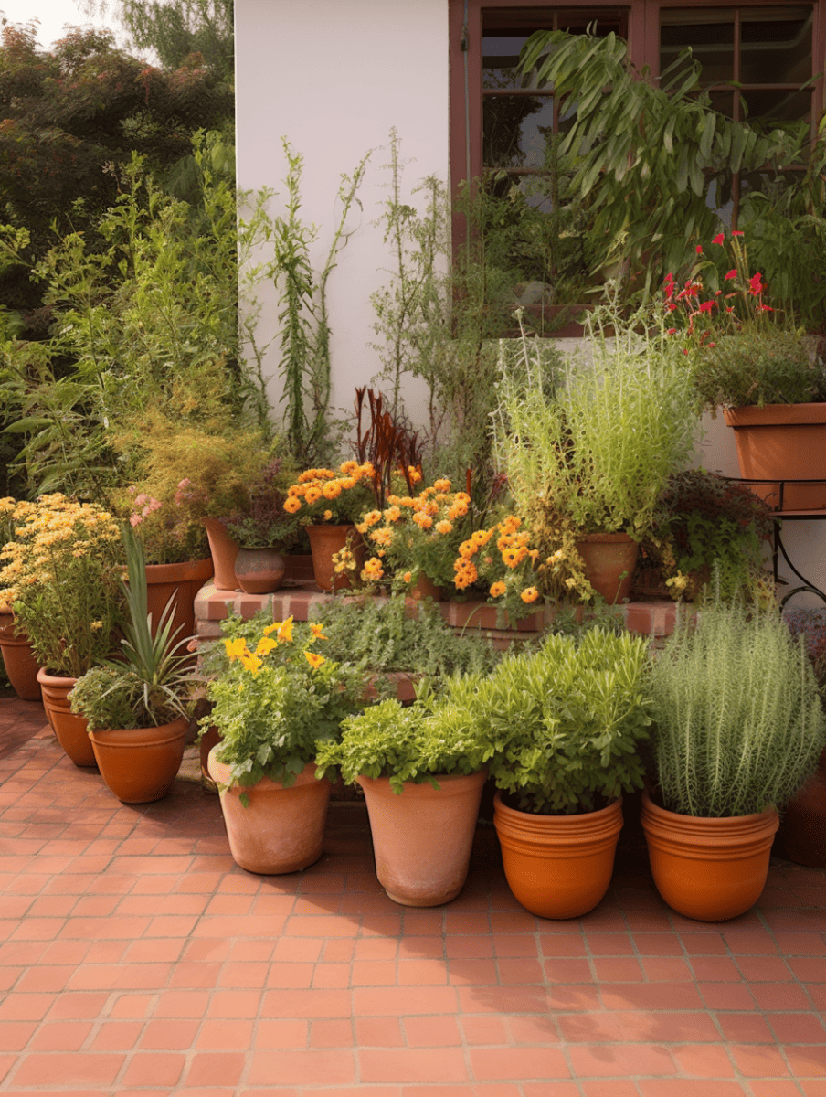 An assortment of terracotta pots containing a variety of plants, including tall grasses, lush green shrubs, and flowers in shades of yellow and red, arranged on a terracotta tiled patio beside a white wall with a window ar 3:4