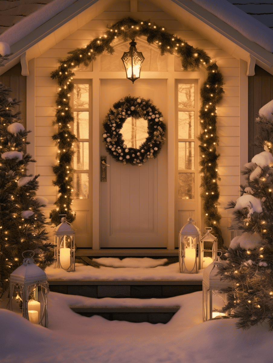 A warmly lit home entryway during twilight, framed by snow-covered evergreen trees and garlands, with a decorative wreath on the door, and flanked by two large lanterns on the steps, all creating a tranquil and inviting holiday scene