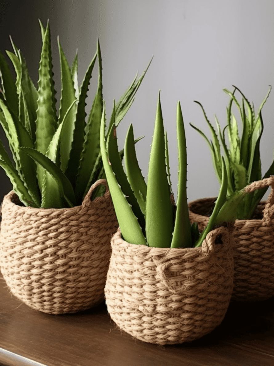 Three aloe plants, each with spiky green leaves, are cozily nestled in woven, round, natural-toned baskets placed on a wooden surface against a soft-lit grey background ar 3:4