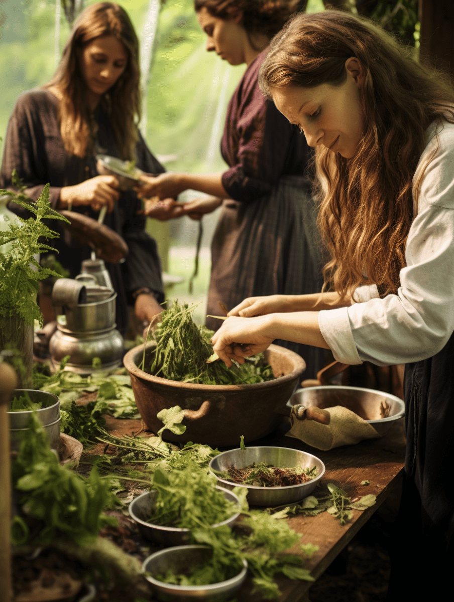 Three individuals in aprons are attentively preparing herbs, with one woman in the foreground delicately handling greenery over a large bowl, suggesting a serene setting for making herbal tea ar 3:4
