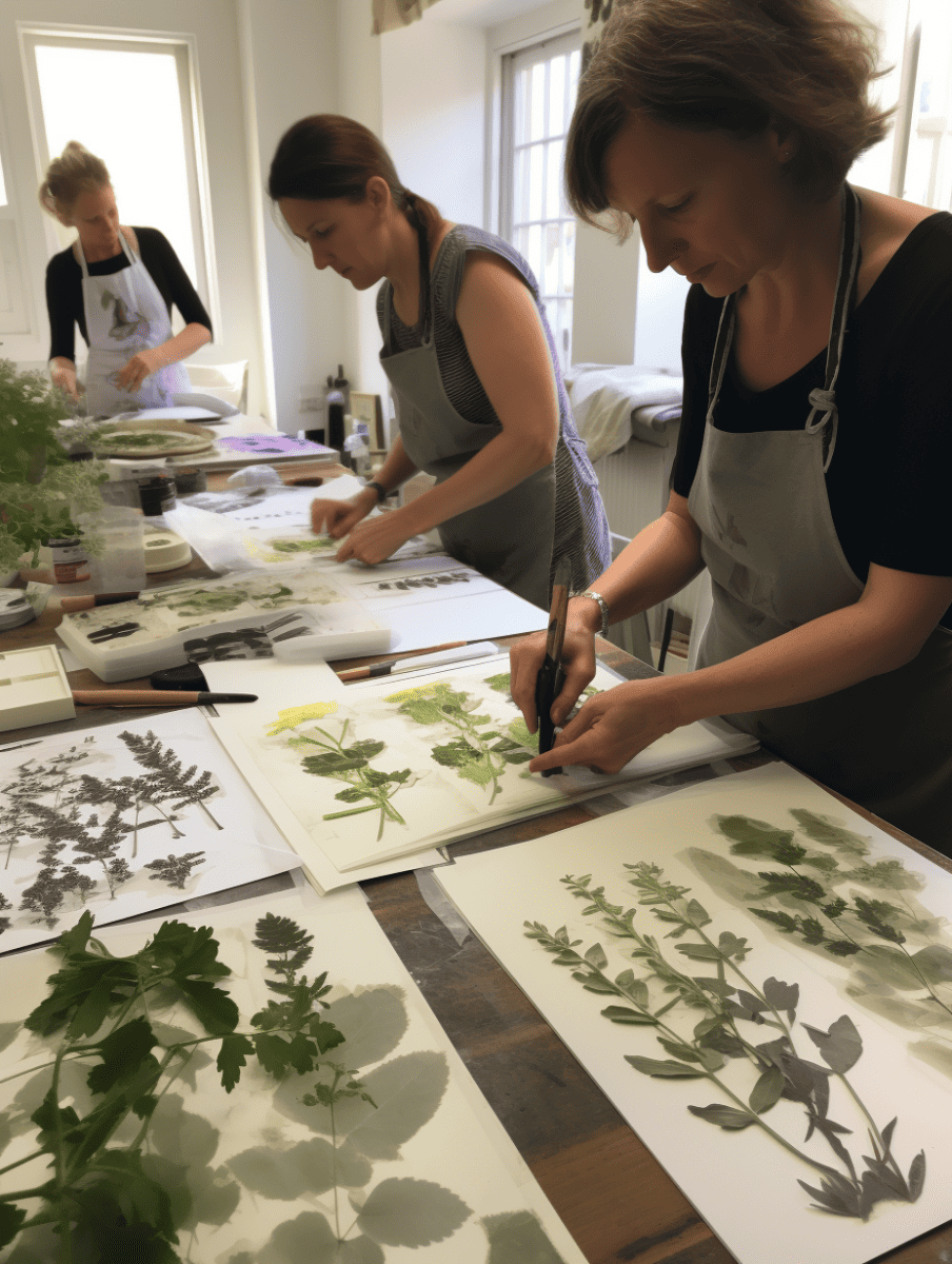 Three people, focused and standing, are arranging and examining botanical prints in various stages of completion on a sunlit table in a bright workshop environment ar 3:4