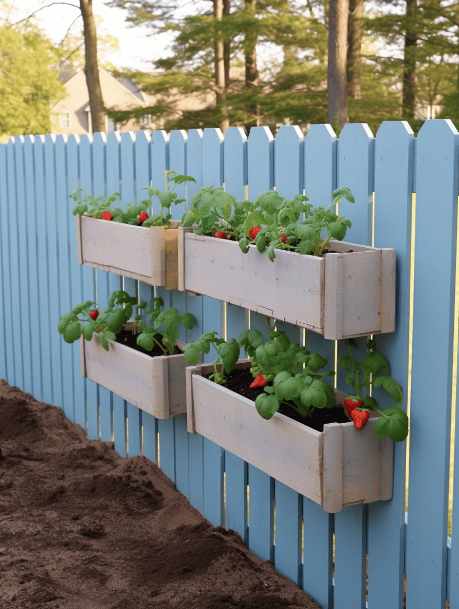 Shallow wooden box planters affixed to a sky-blue picket fence showcase vibrant strawberry plants with green leaves and bright red fruit, conveying a serene garden setting in soft, natural light ar 3:4