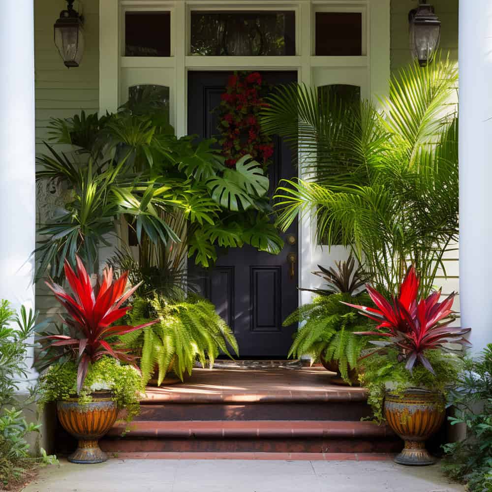 tropical paradise front door with Boston ferns, Bird’s nest ferns , Parlor palms , and Bromeliads