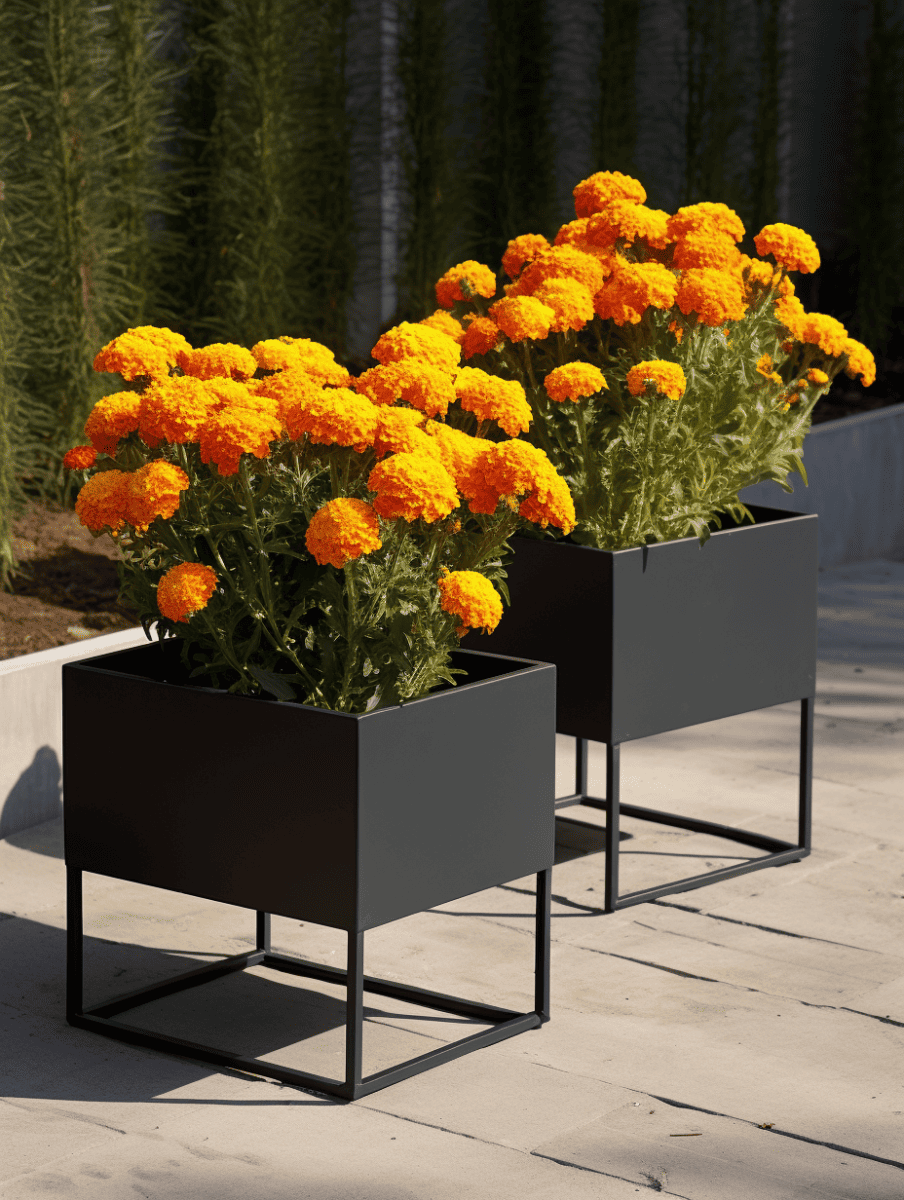 Two black, modern square planters on thin legs, overflowing with bright orange marigolds, are set on a concrete surface with tall, green, needle-like plants in the background ar 3:4