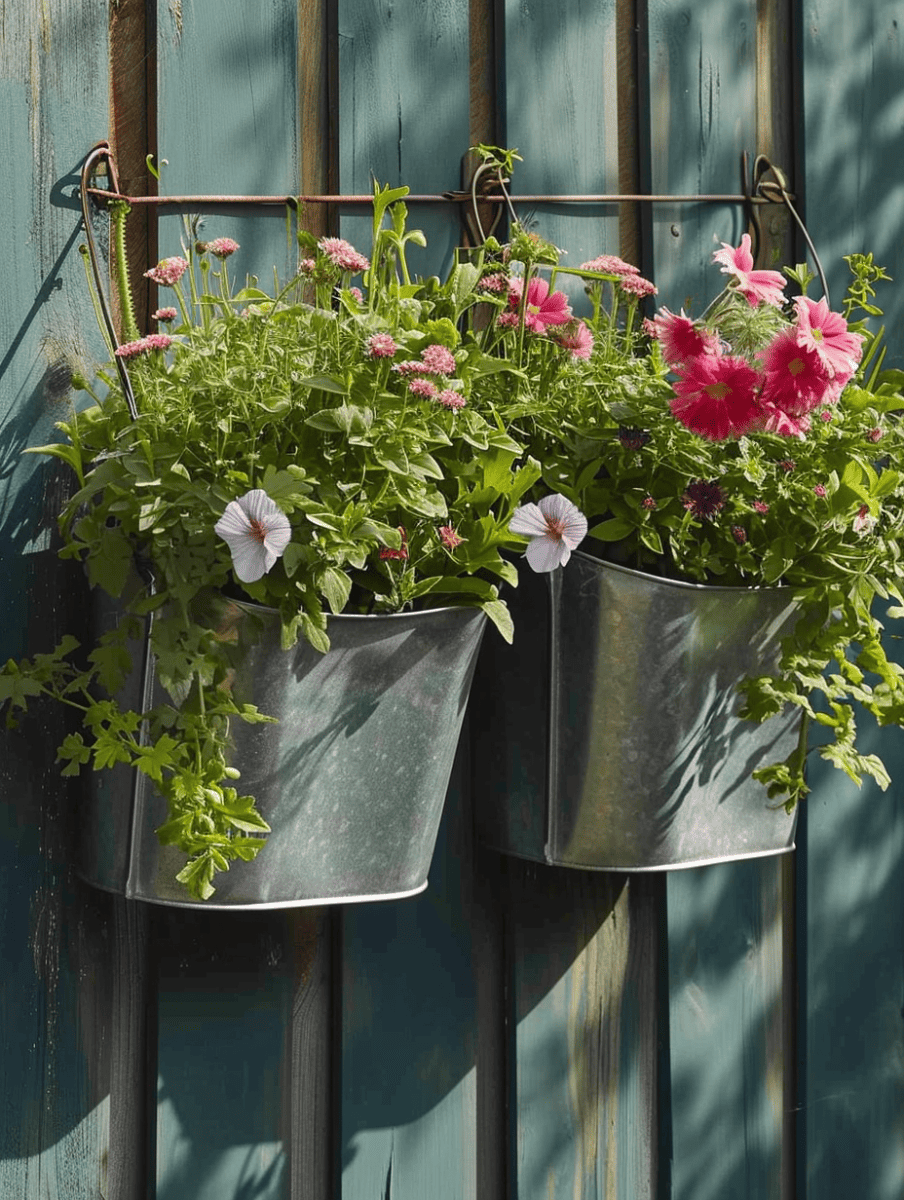 Two galvanized metal planters overflowing with a cheerful mix of flowering plants, including pink blossoms and trailing greens, hang from a rusty metal support against a weathered teal wooden wall ar 3:4
