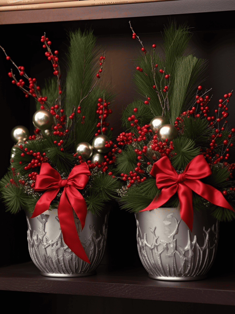 Two metallic silver pots sit on a slate-colored shelf against a dark background, each filled with vibrant green pine branches and an abundance of red winterberries, accented with white spiked decorations and topped with a large festive red bow with a lattice pattern