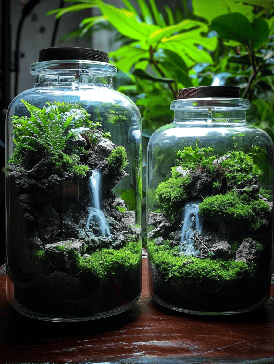 Two sealed glass jars contain meticulously arranged dioramas of miniature waterfalls with cascading water amidst verdant moss and rocky terrain, set against a backdrop of indoor greenery ar 3:4