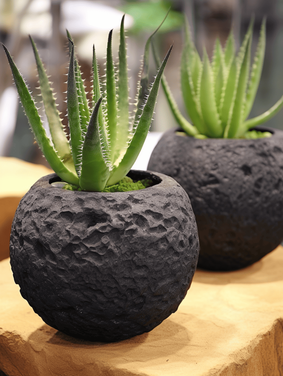 Two vibrant green aloe vera plants with pointed, serrated leaves, prominently placed in textured, round, black lava rock planters on a wooden surface, likely an indoor display ar 3:4