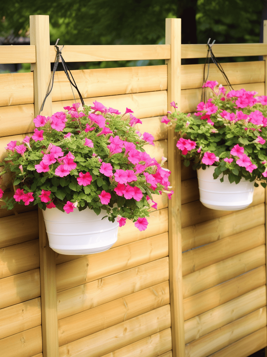 Two vibrant pink petunia plants in white hanging pots are affixed to a wooden lattice fence, with the backdrop of a soft-focus garden setting ar 3:4