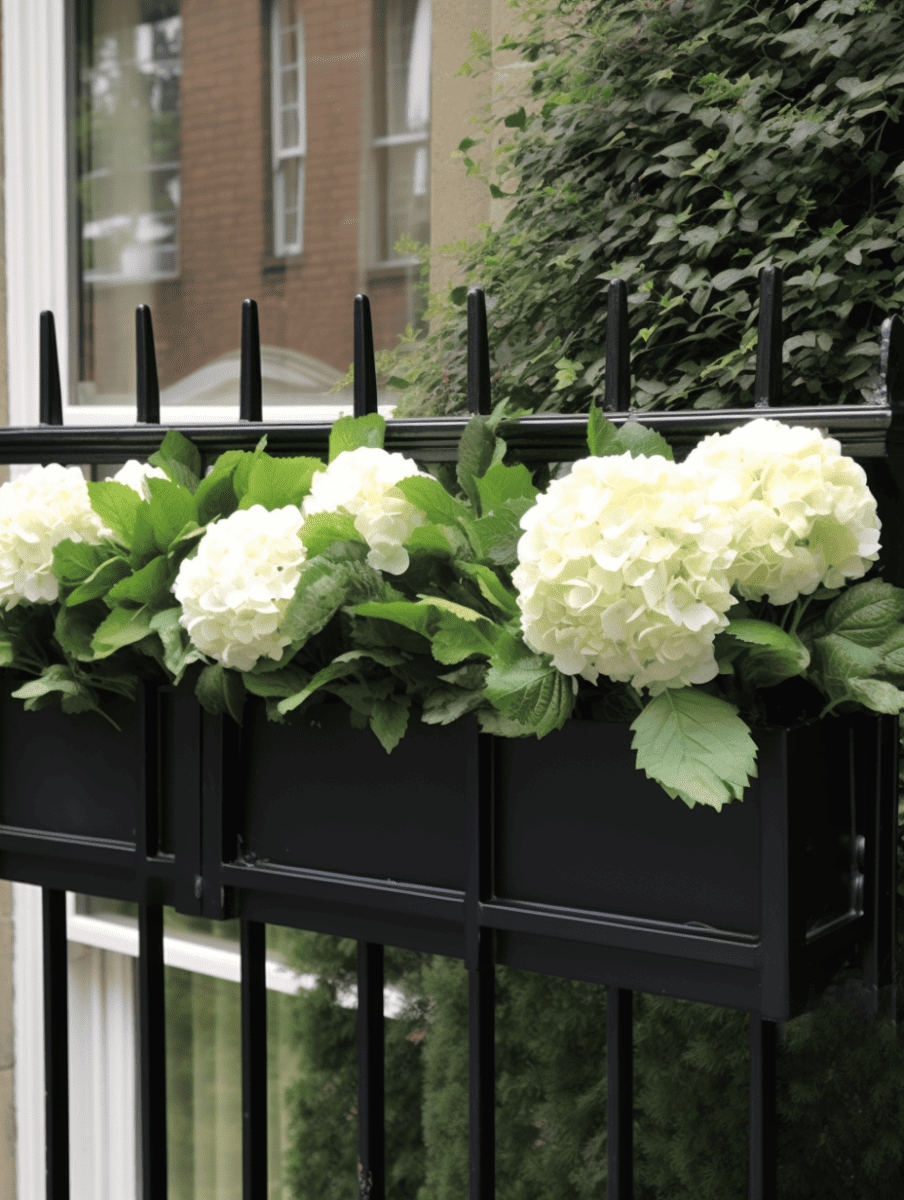 Upcycled window planters with lush hydrangea blooms in creamy white adorn a black iron fence, adding a touch of natural elegance to an urban setting ar 3:4