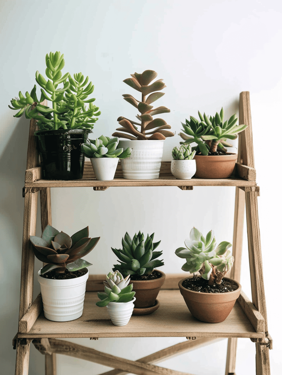 A serene display of various succulents in a mix of white and terracotta pots arranged on a three-tiered bamboo shelf against a light-colored wall ar 3:4