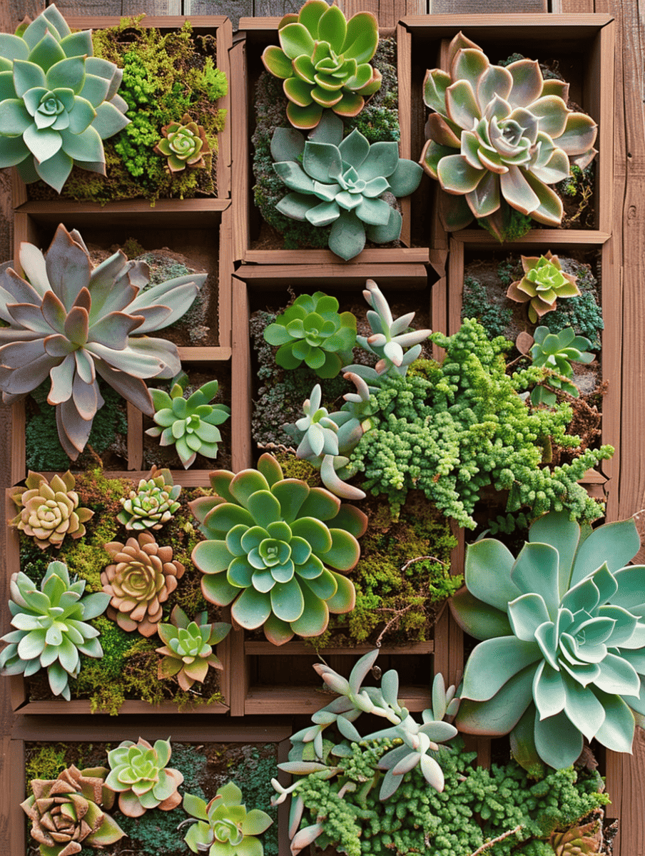 A vertical display of various succulents with plump leaves in shades of green, blue, and purple, neatly arranged in a grid of brown wooden frames against a wall, creating a textured, living mosaic ar 3:4