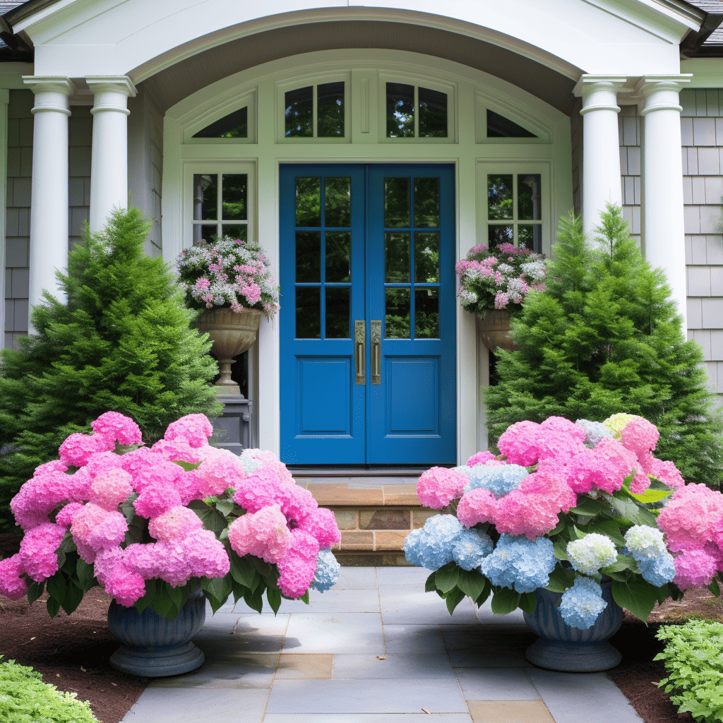 big front door with vibrant colors like blue, pink Hydrangea Planters with evergreens