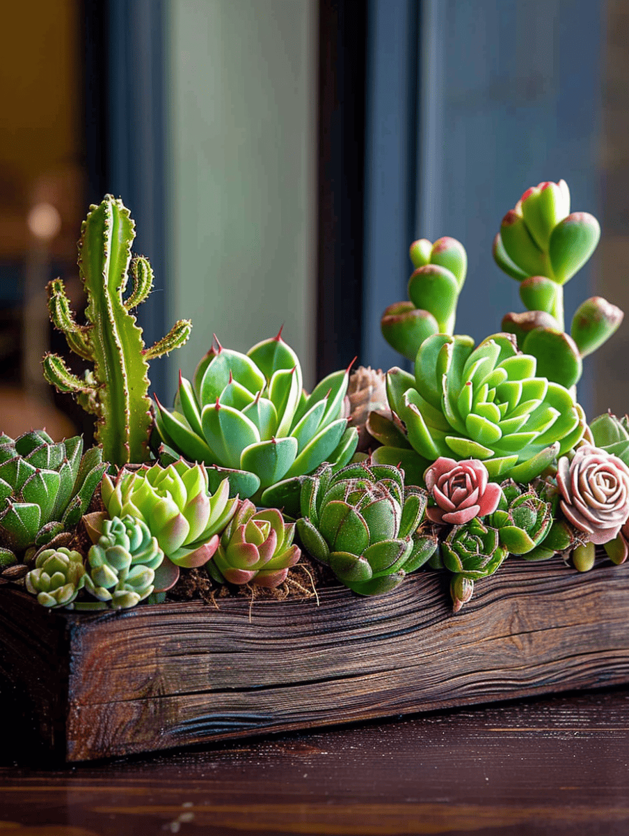 A vibrant and diverse collection of succulents and cacti arranged in a long, rustic wooden planter, showcasing a range of textures and colors against a soft-focus background ar 3:4