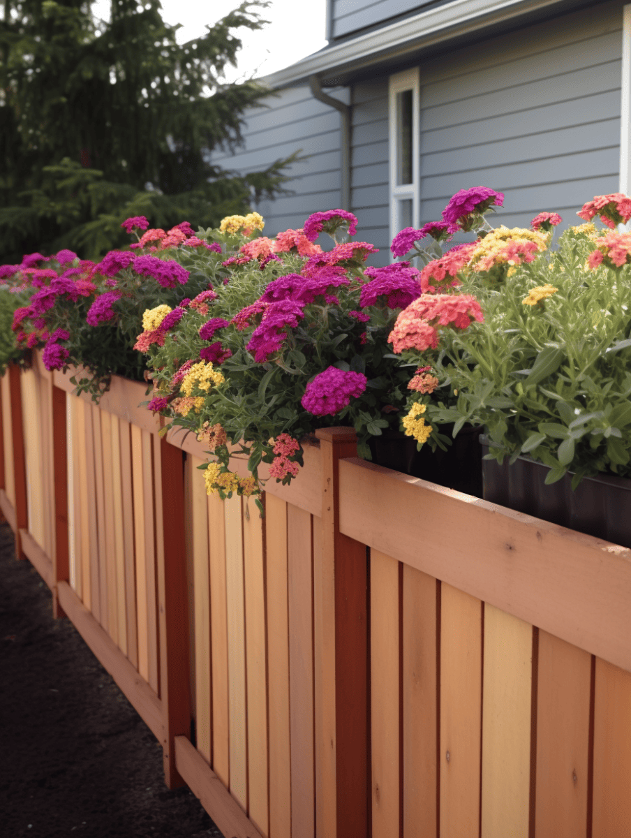 Vibrant clusters of pink, orange, and yellow flowers flourish in DIY fence-top planters above a wooden fence, complementing the serene grey exterior of a suburban home ar 3:4