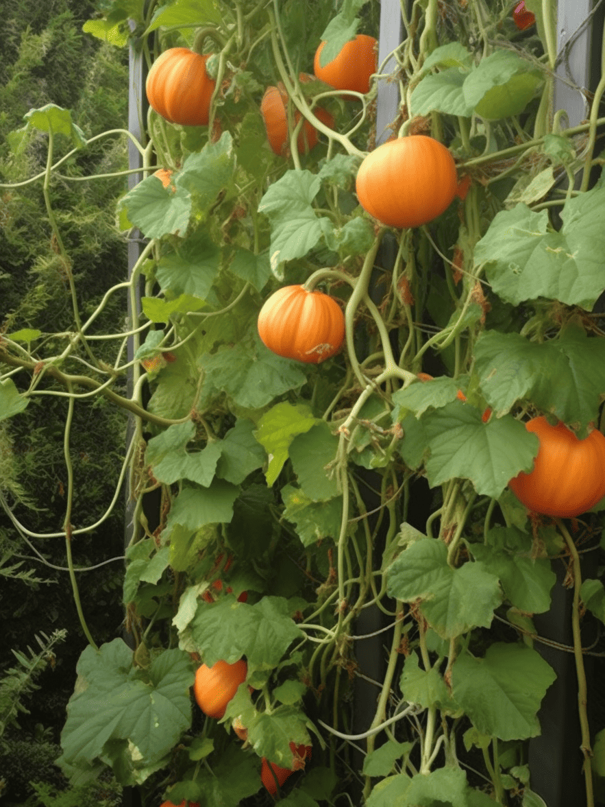 Vibrant orange pumpkins hang from a trellis, their vines intertwined with green leaves against a backdrop of dense foliage, creating a lush vertical garden ar 3:4