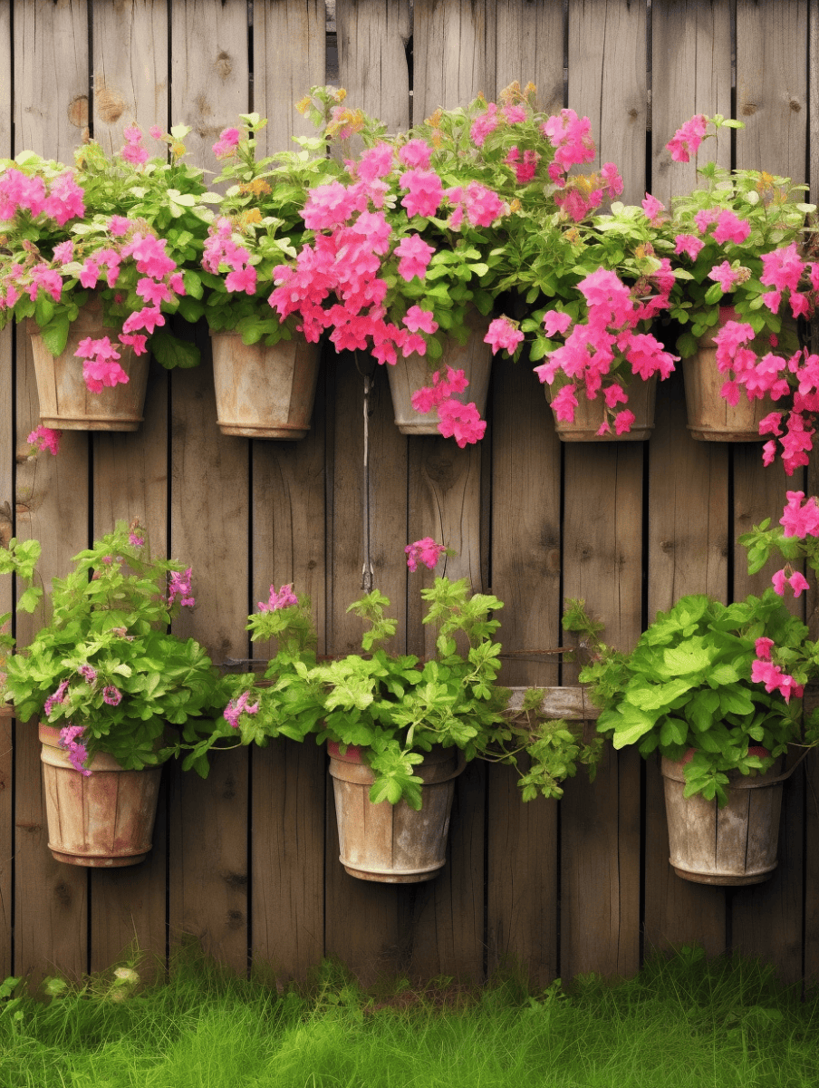 Vibrant pink petunias and lush green foliage spill from rustic terracotta pots hung across a weathered wooden fence, creating a charming and colorful garden display ar 3:4