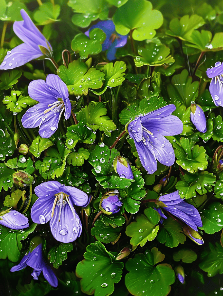 Vibrant purple Mazus flowers with delicate veins and dewdrops on their petals, interspersed with glossy green leaves ar 3:4