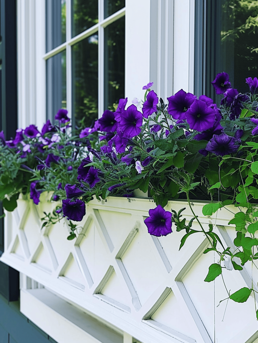 Vibrant purple petunias with lush green foliage flourish in a white decorative window box, adding a splash of regal color beneath the clear panes of a window ar 3:4